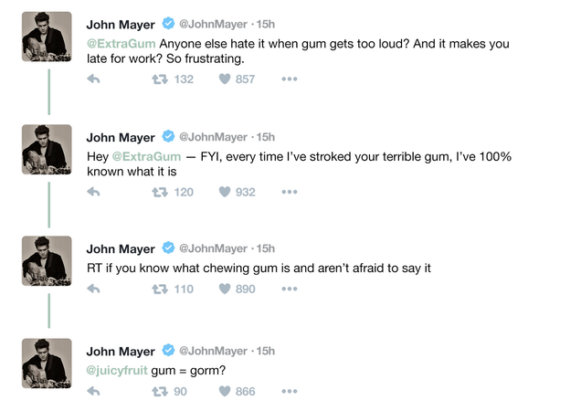 Illustration for article titled Uh Oh: Did John Mayer Forget What Chewing Gum Was Partway Through His Twitter Rant Against It?